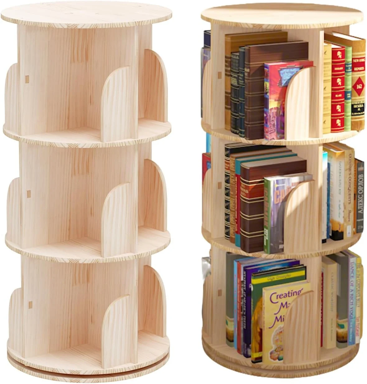 کتابخانه چوبی گردان 360 درجه، قفسه ذخیره سازی چوبی 3 طبقه، قفسه گوشه ای برای اتاق خواب، اتاق نشیمن، اتاق مطالعه، کتابخانه چوبی دوار