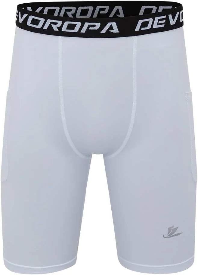شورت فشاری ورزشی پسرانه Devoropa، لایه پایه عملکرد ورزشی، لباس زیر تمرینی، جیب کناری، مشکی/سفید XL (بسته 2 عددی)