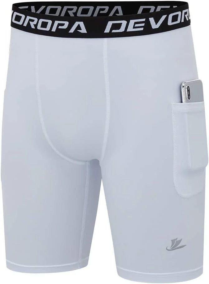 شورت فشاری ورزشی پسرانه Devoropa، لایه پایه عملکرد ورزشی، لباس زیر تمرینی، جیب کناری، مشکی/سفید XL (بسته 2 عددی)