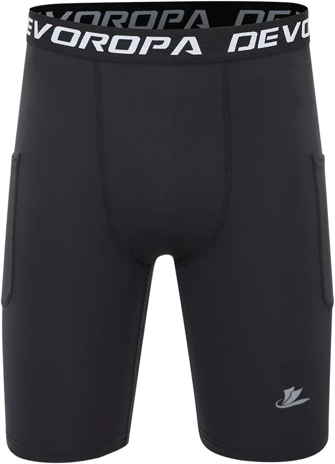 شورت فشاری پسرانه Devoropa، لایه پایه ورزشی عملکردی، لباس زیر تمرینی، جیب جانبی مشکی/مشکی XL (بسته 2 عددی)