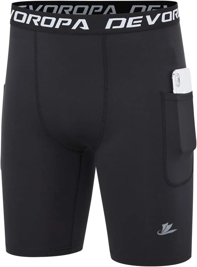 شورت فشاری پسرانه Devoropa، لایه پایه ورزشی عملکردی، لباس زیر تمرینی، جیب جانبی مشکی/مشکی XL (بسته 2 عددی)