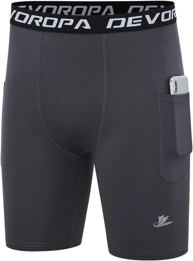 شورت فشاری ورزشی پسرانه Devoropa، لایه پایه عملکردی، لباس زیر تمرینی، جیب کناری، مشکی/خاکستری سایز S (بسته 2 عددی)