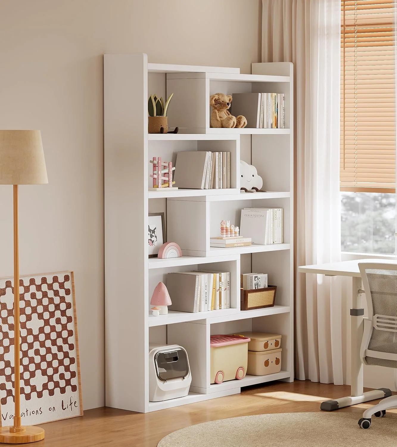 کتابخانه قفسه باز قابل گسترش - قفسه نمایشگر چوبی 5 طبقه با طول و زاویه قابل تنظیم، کتابخانه 10 مکعبی برای اتاق کودک، اتاق خواب، اتاق نشیمن، فضای کوچک و گوشه، سفید (SGG025B-5)