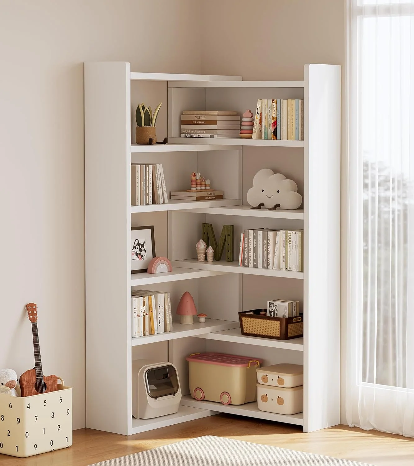 کتابخانه قفسه باز قابل گسترش - قفسه نمایشگر چوبی 5 طبقه با طول و زاویه قابل تنظیم، کتابخانه 10 مکعبی برای اتاق کودک، اتاق خواب، اتاق نشیمن، فضای کوچک و گوشه، سفید (SGG025B-5) کتابخانه قفسه باز قابل گسترش - قفسه نمایشگر چوبی 5 طبقه با طول و زاویه قابل تنظیم، کتابخانه 10 مکعبی برای اتاق کودک، اتاق خواب، اتاق نشیمن، فضای کوچک و گوشه، سفید (SGG025B-5)