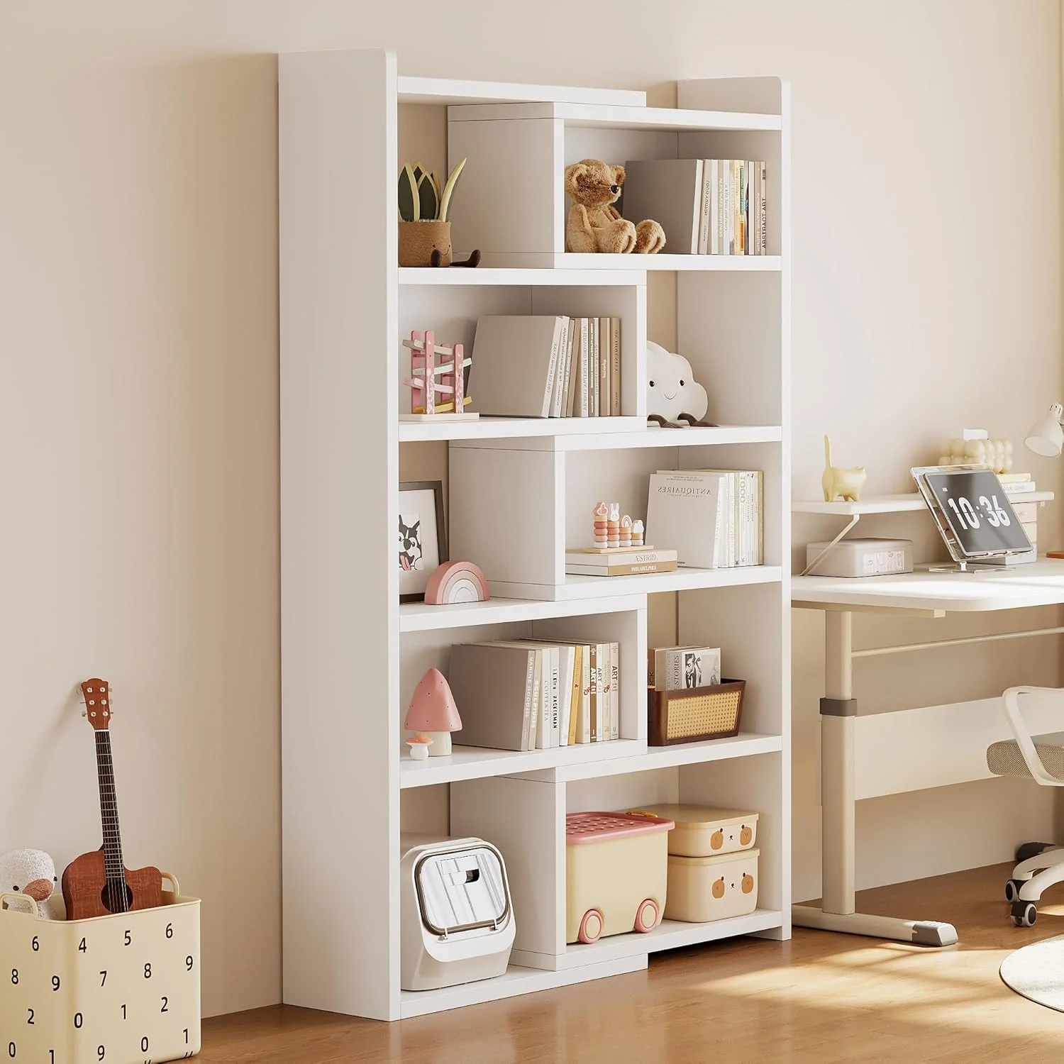 کتابخانه قفسه باز قابل گسترش - قفسه نمایشگر چوبی 5 طبقه با طول و زاویه قابل تنظیم، کتابخانه 10 مکعبی برای اتاق کودک، اتاق خواب، اتاق نشیمن، فضای کوچک و گوشه، سفید (SGG025B-5) کتابخانه قفسه باز قابل گسترش - قفسه نمایشگر چوبی 5 طبقه با طول و زاویه قابل تنظیم، کتابخانه 10 مکعبی برای اتاق کودک، اتاق خواب، اتاق نشیمن، فضای کوچک و گوشه، سفید (SGG025B-5)