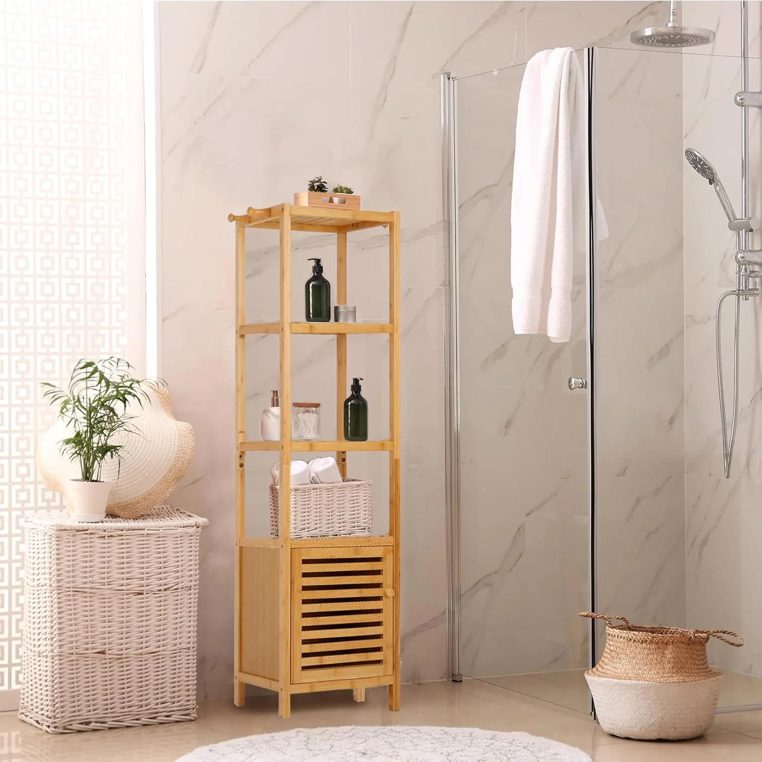 کابینت ایستاده بامبو مدل Medla برای حمام: قفسه 4 طبقه چند منظوره، کابینت حمام، قفسه طبیعی، قفسه گوشه ای برج ایستاده برای آشپزخانه، اتاق نشیمن، اتاق خواب کابینت ایستاده بامبو مدل Medla برای حمام: قفسه 4 طبقه چند منظوره، کابینت حمام، قفسه طبیعی، قفسه گوشه ای برج ایستاده برای آشپزخانه، اتاق نشیمن، اتاق خواب