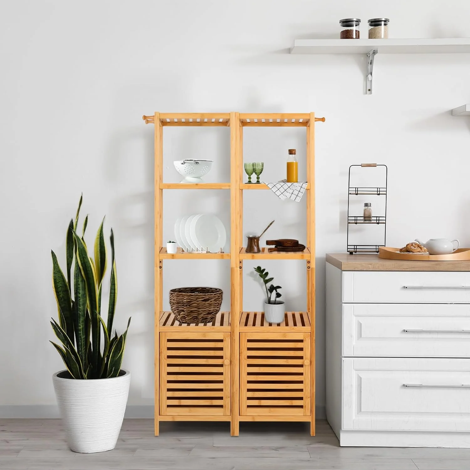 کابینت ایستاده بامبو مدل Medla برای حمام: قفسه 4 طبقه چند منظوره، کابینت حمام، قفسه طبیعی، قفسه گوشه ای برج ایستاده برای آشپزخانه، اتاق نشیمن، اتاق خواب کابینت ایستاده بامبو مدل Medla برای حمام: قفسه 4 طبقه چند منظوره، کابینت حمام، قفسه طبیعی، قفسه گوشه ای برج ایستاده برای آشپزخانه، اتاق نشیمن، اتاق خواب