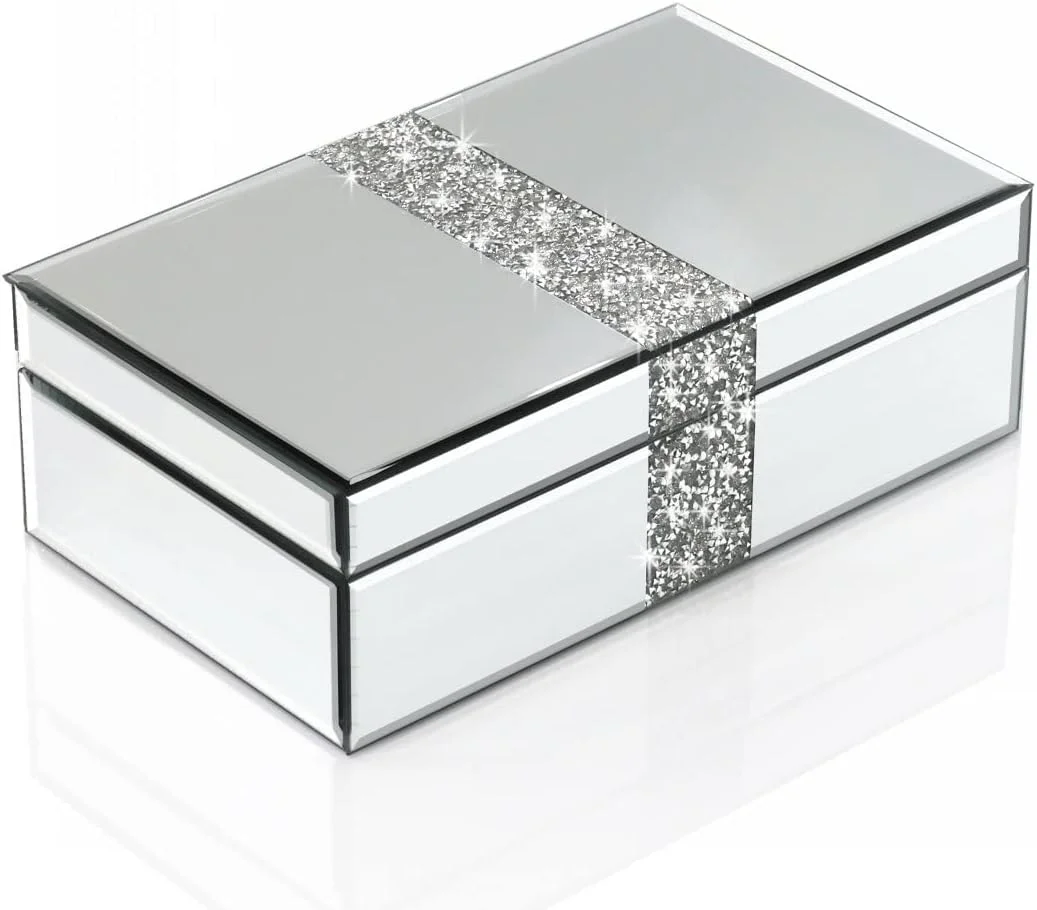 جعبه جواهرات آینه ای الماس خرد شده نقره ای لوکس QMDECOR، جعبه سازمان دهنده جواهرات زنانه برای هدیه