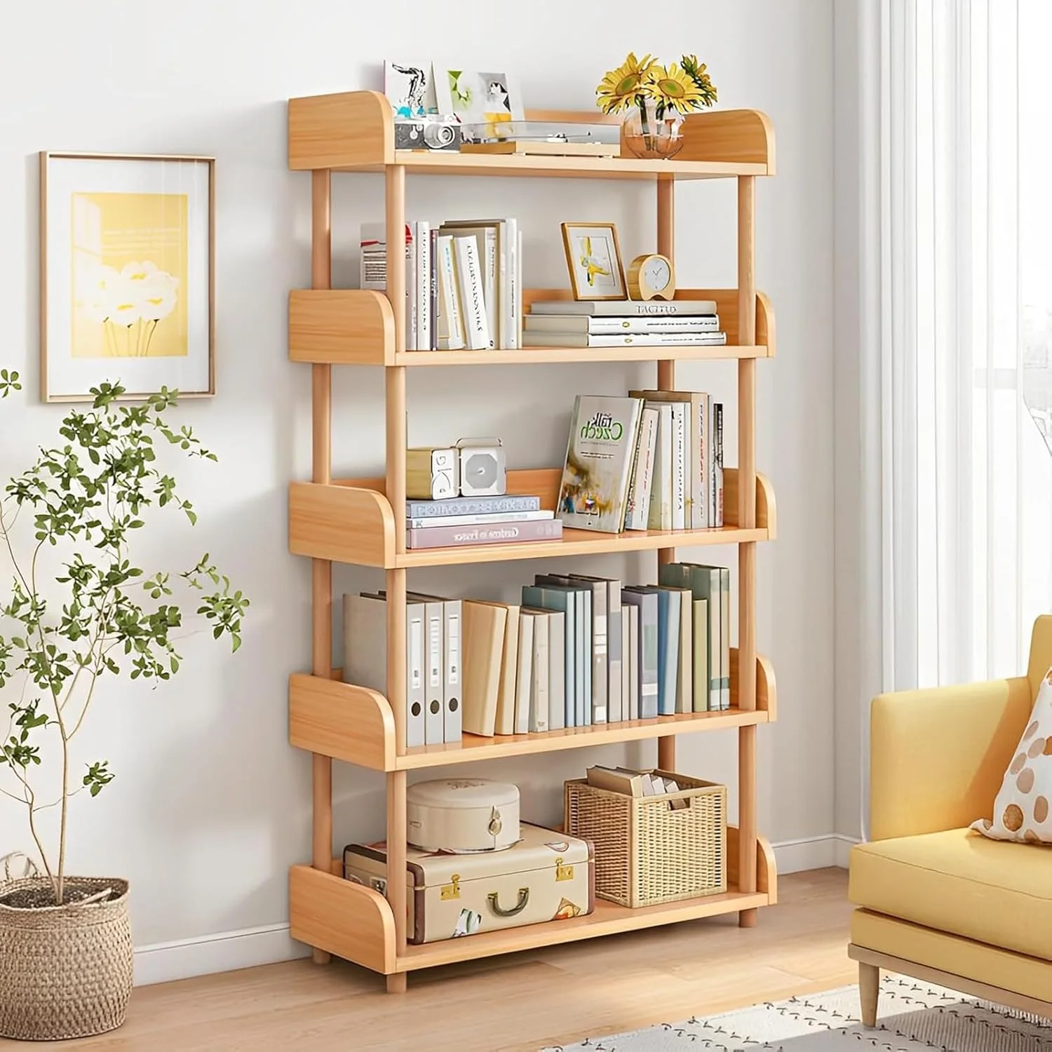 قفسه کتاب 5 طبقه باز U-HOOME - قفسه کتاب مستقل، قفسه کتاب، قفسه چوبی، استند نمایش قفسه های ذخیره سازی چوبی با لبه بالایی و قاب چوبی جامد برای اتاق نشیمن، دفتر کار خانگی، کابینت ذخیره سازی (بژ)
