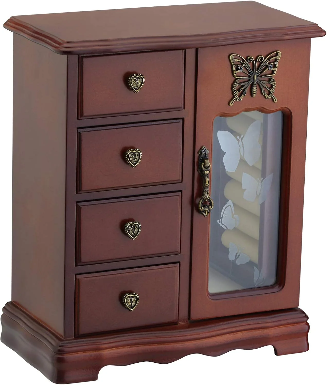 جعبه جواهرات چوبی جامد RR ROUND RICH DESIGN، جعبه آرایش و سازمان دهنده، نگهداری حلقه زنانه با 4 کشو، دارای چرخ فلک گردنبند و آینه داخلی، قهوه ای
