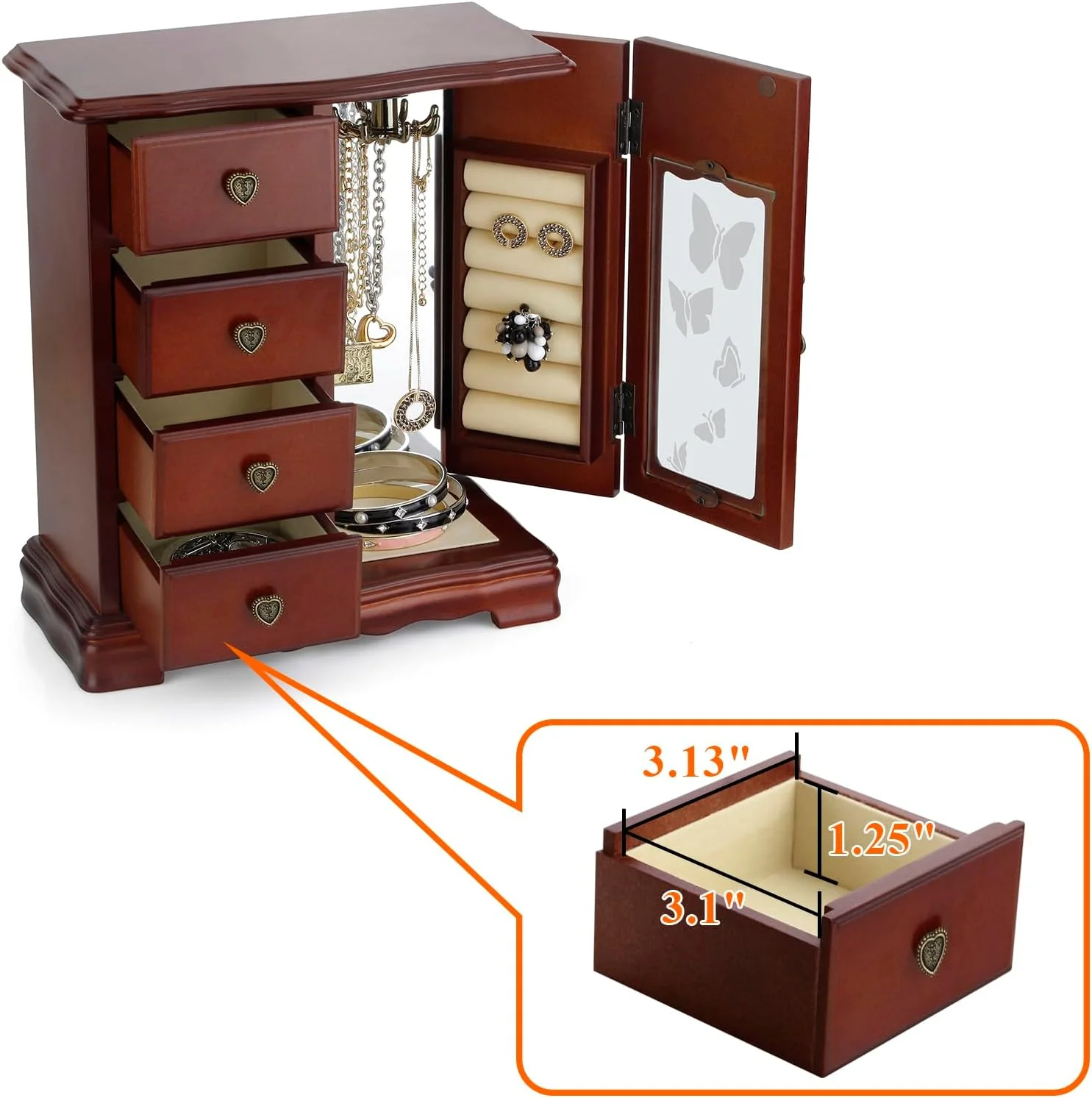 جعبه جواهرات چوبی جامد RR ROUND RICH DESIGN، جعبه آرایش و سازمان دهنده، نگهداری حلقه زنانه با 4 کشو، دارای چرخ فلک گردنبند و آینه داخلی، قهوه ای جعبه جواهرات چوبی جامد RR ROUND RICH DESIGN، جعبه آرایش و سازمان دهنده، نگهداری حلقه زنانه با 4 کشو، دارای چرخ فلک گردنبند و آینه داخلی، قهوه ای