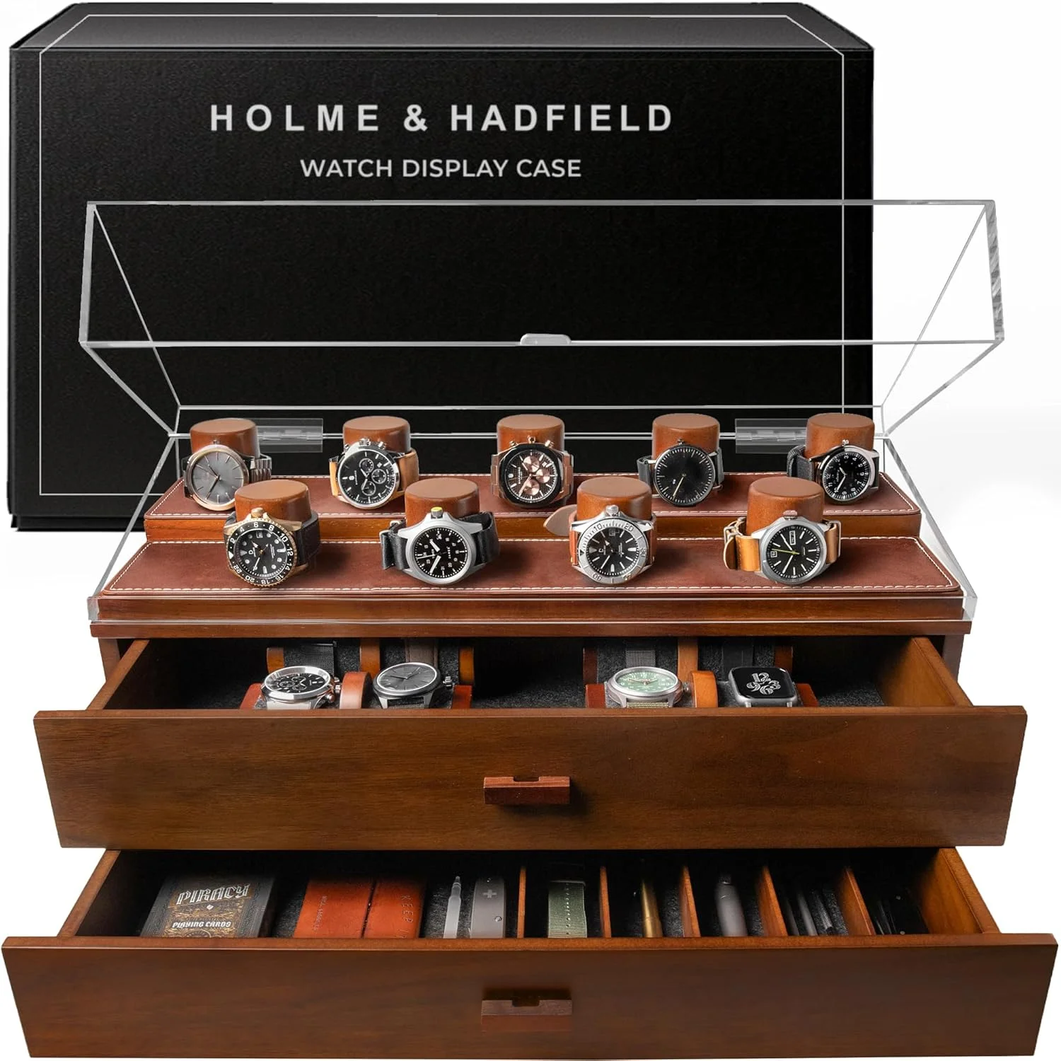 جعبه نمایش ساعت لوکس Holme & Hadfield برای 17 ساعت - دسترسی آسان، کشوهای بزرگ و روکش چرمی - جعبه ساعت چوبی مردانه و استند ساعت - ضمانت مادام العمر