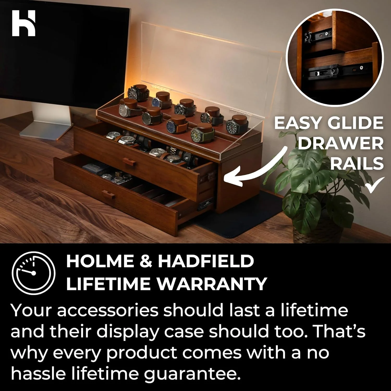 جعبه نمایش ساعت لوکس Holme & Hadfield برای 17 ساعت - دسترسی آسان، کشوهای بزرگ و روکش چرمی - جعبه ساعت چوبی مردانه و استند ساعت - ضمانت مادام العمر