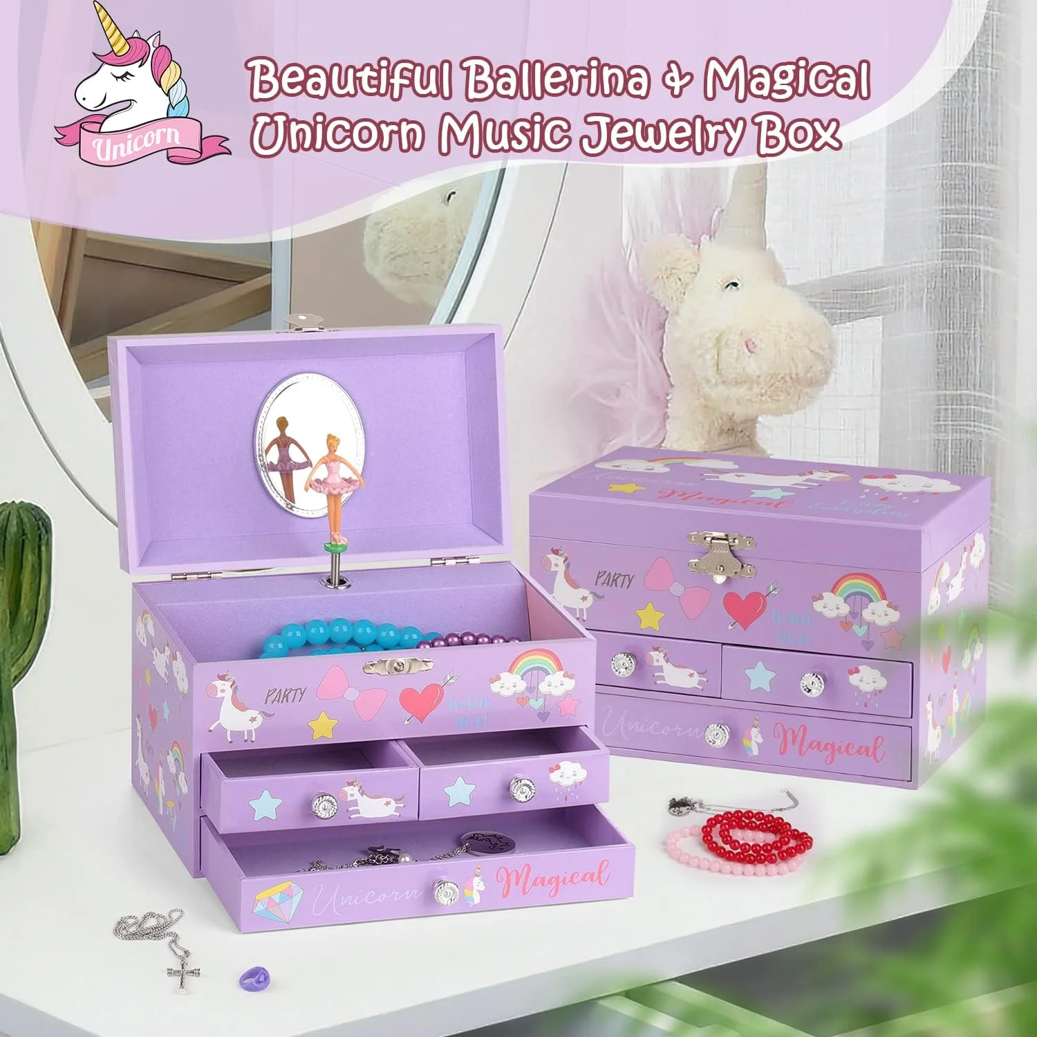 جعبه جواهرات موزیکال efubaby برای دختران، سازمان دهنده جواهرات 3 لایه با کشو، طراحی تک شاخ بالرین چرخان، شامل مجموعه جواهرات تک شاخ، هدایای تولد و کریسمس برای دختران، بنفش جعبه جواهرات موزیکال efubaby برای دختران، سازمان دهنده جواهرات 3 لایه با کشو، طراحی تک شاخ بالرین چرخان، شامل مجموعه جواهرات تک شاخ، هدایای تولد و کریسمس برای دختران، بنفش