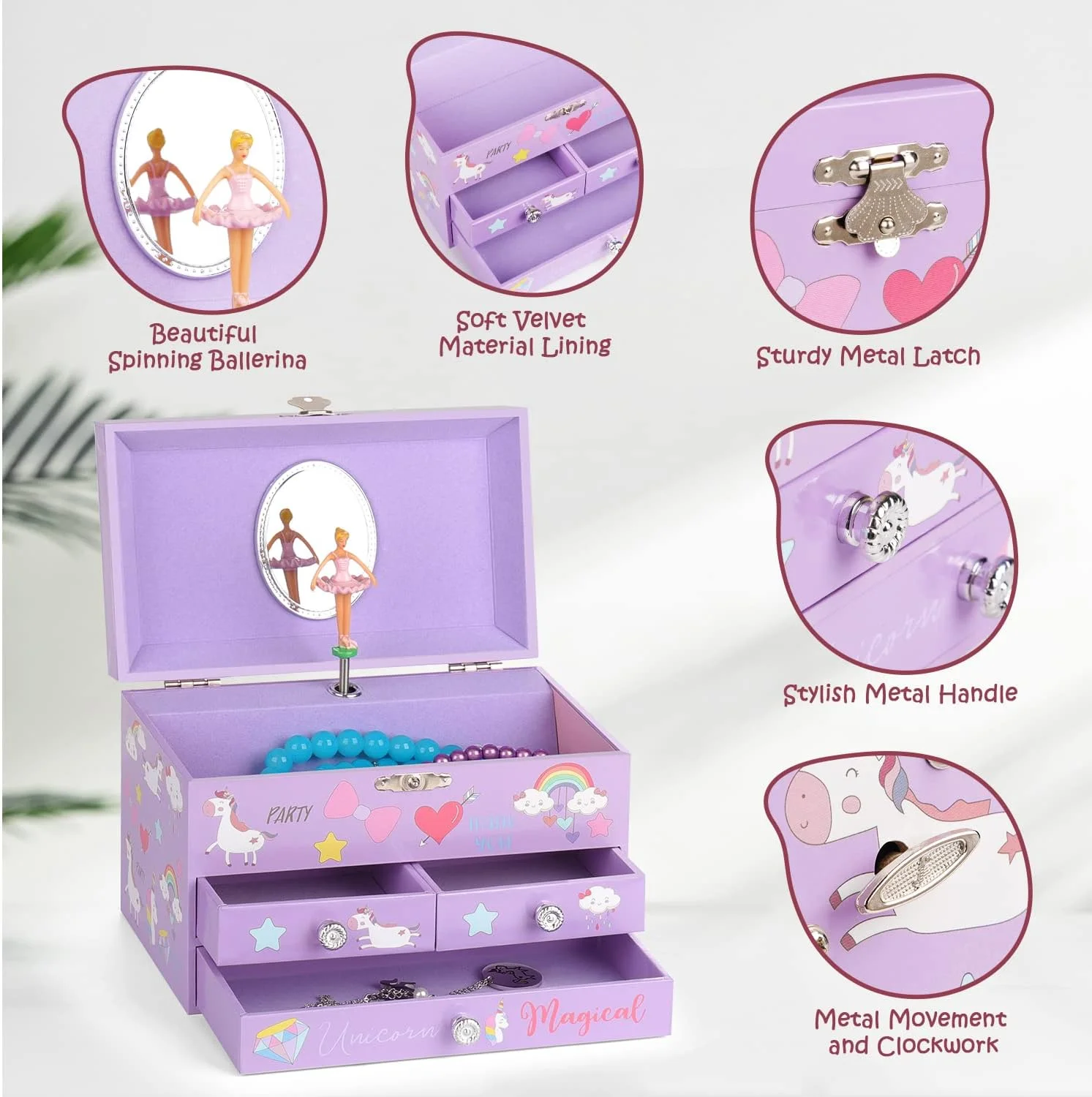 جعبه جواهرات موزیکال efubaby برای دختران، سازمان دهنده جواهرات 3 لایه با کشو، طراحی تک شاخ بالرین چرخان، شامل مجموعه جواهرات تک شاخ، هدایای تولد و کریسمس برای دختران، بنفش جعبه جواهرات موزیکال efubaby برای دختران، سازمان دهنده جواهرات 3 لایه با کشو، طراحی تک شاخ بالرین چرخان، شامل مجموعه جواهرات تک شاخ، هدایای تولد و کریسمس برای دختران، بنفش