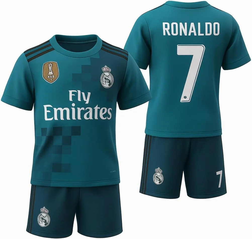 ست پیراهن و شورت فوتبال کلاسیک واقعی رترو CR7 لجند جوانان برای پسران | لباس ورزشی بچه گانه برای تمرین و مسابقات شامل تی شرت و شورت