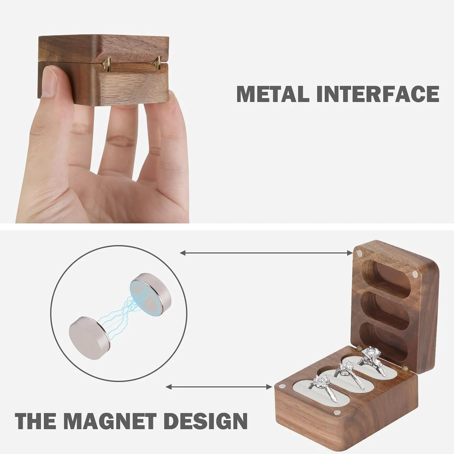 جعبه حلقه چوبی LETURE با روکش مخمل و 3 جایگاه، جعبه حلقه چوبی شخصی سازی شده برای نامزدی، عروسی، تولد، روز ولنتاین (داخلی سفید)