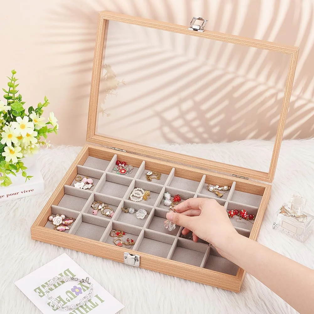 جعبه جواهرات 24 قسمتی FINGERINSPIRE با طرح چوب قدیمی، روکش چرم مصنوعی، جعبه نگهداری جواهرات مستطیلی چوبی MDF با پنجره شیشه ای شفاف و مخمل داخلی برای حلقه، گوشواره، گردنبند جعبه جواهرات 24 قسمتی FINGERINSPIRE با طرح چوب قدیمی، روکش چرم مصنوعی، جعبه نگهداری جواهرات مستطیلی چوبی MDF با پنجره شیشه ای شفاف و مخمل داخلی برای حلقه، گوشواره، گردنبند