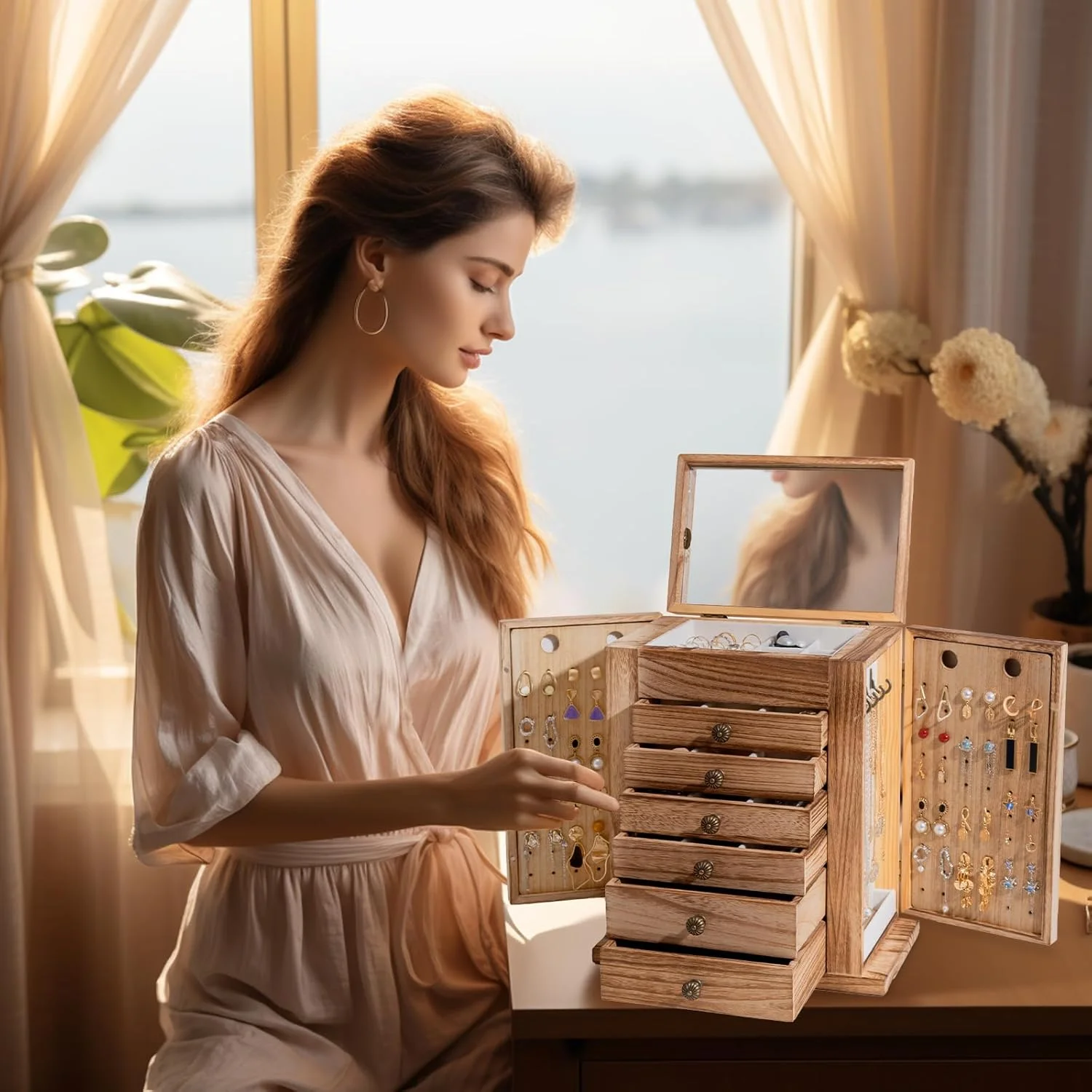 جعبه جواهرات بزرگ ProCase، جعبه جواهرات چوبی 7 لایه برای زنان، جعبه سازمان دهنده نگهدارنده جواهرات با آینه برای گوشواره، دستبند، گردنبند، ساعت، انگشتر برای میز آرایش - طبیعی جعبه جواهرات بزرگ ProCase، جعبه جواهرات چوبی 7 لایه برای زنان، جعبه سازمان دهنده نگهدارنده جواهرات با آینه برای گوشواره، دستبند، گردنبند، ساعت، انگشتر برای میز آرایش - طبیعی