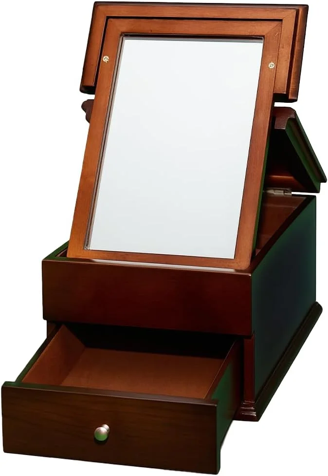 جعبه جواهرات چوبی قهوه ای چند منظوره Multi Home Furniture با آینه، کشو و 5 محفظه - جعبه جواهرات با روکش فوم برای سازماندهی گوشواره، جعبه انگشتر، دستبند و گردنبند برای زنان و دختران