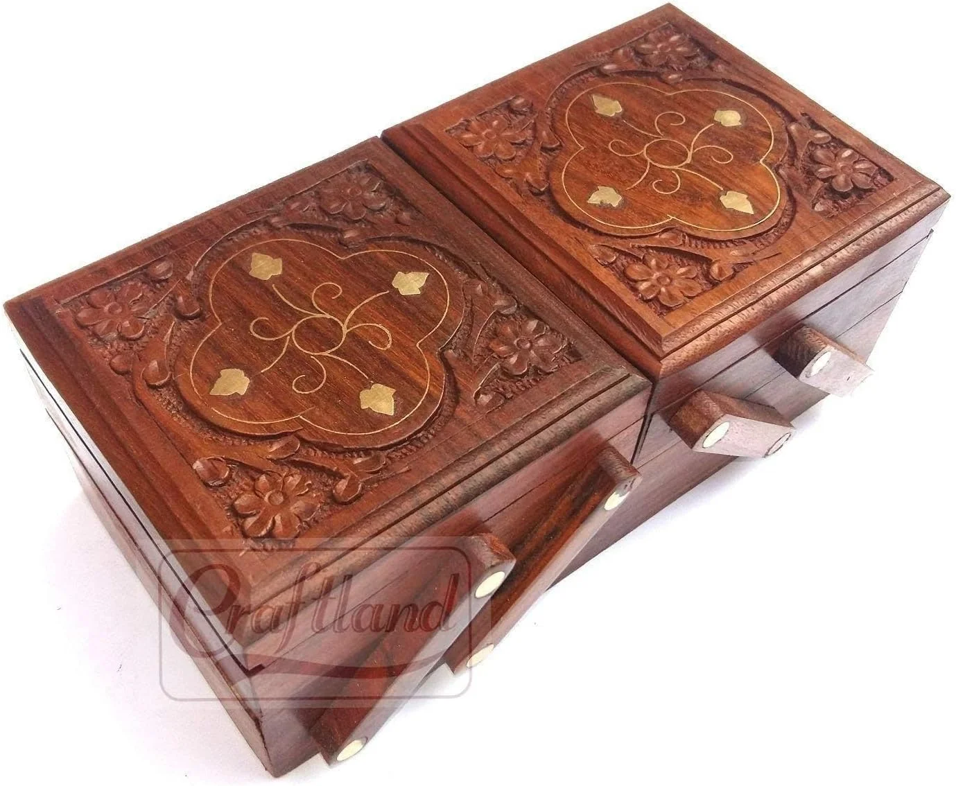جعبه جواهرات چوبی کرفتلند، جعبه جواهرات، جعبه نگهداری جواهرات (برنجی با حکاکی) برای زنان/دختران، درب لولایی دست ساز، 8 اینچ ...