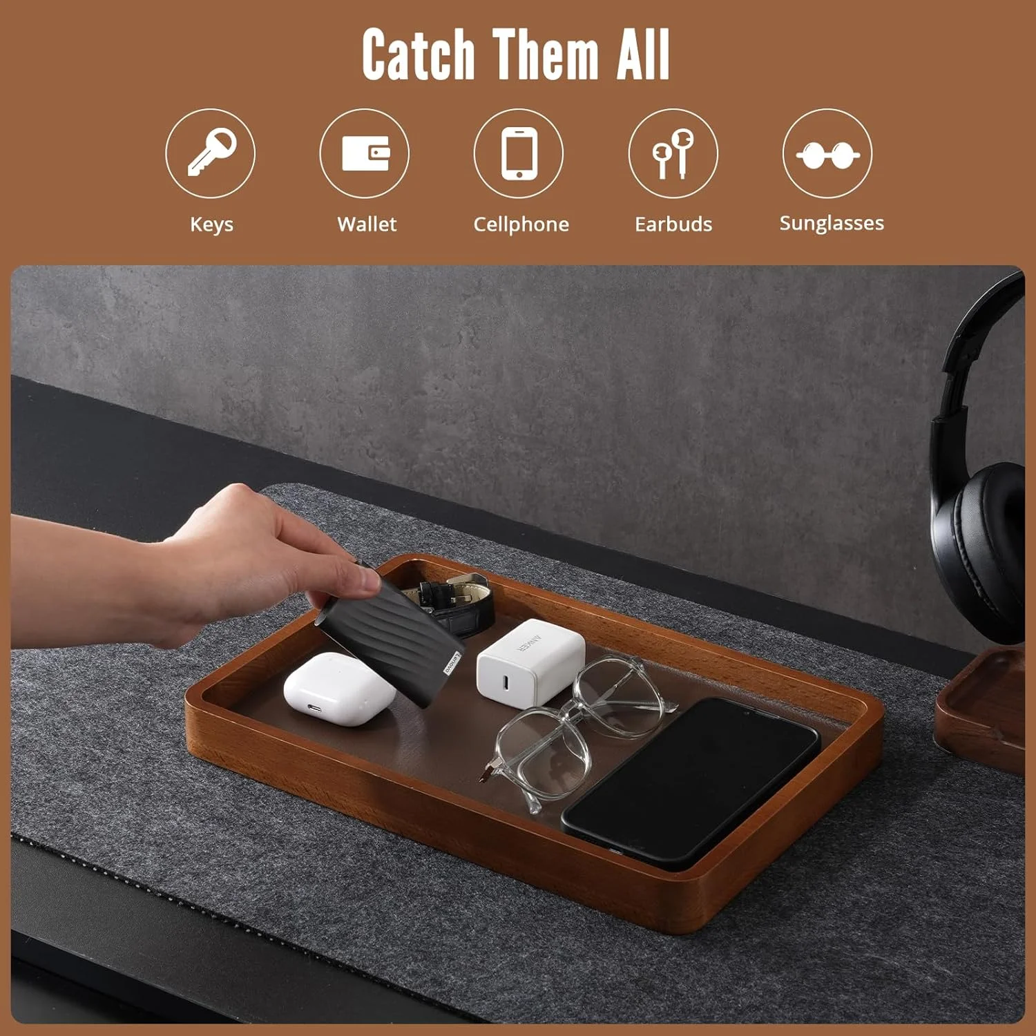 سینی چوبی ProCase برای آقایان، سازمان دهنده EDC چوبی، کنار تختی، نگهدارنده ورودی کنار تخت، برای کیف پول، کلید، ساعت، تلفن، پول خرد، اشیاء کوچک - قهوه ای تیره سینی چوبی ProCase برای آقایان، سازمان دهنده EDC چوبی، کنار تختی، نگهدارنده ورودی کنار تخت، برای کیف پول، کلید، ساعت، تلفن، پول خرد، اشیاء کوچک - قهوه ای تیره
