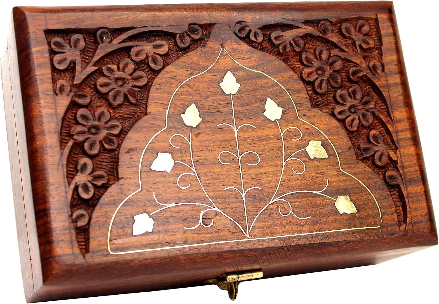 جعبه جواهرات چوبی دست ساز JK handicrafts برای زنان، جعبه سازمان دهنده جواهرات چوبی حکاکی شده با حکاکی های پیچیده، هدیه - 6 اینچ (قهوه ای 02)