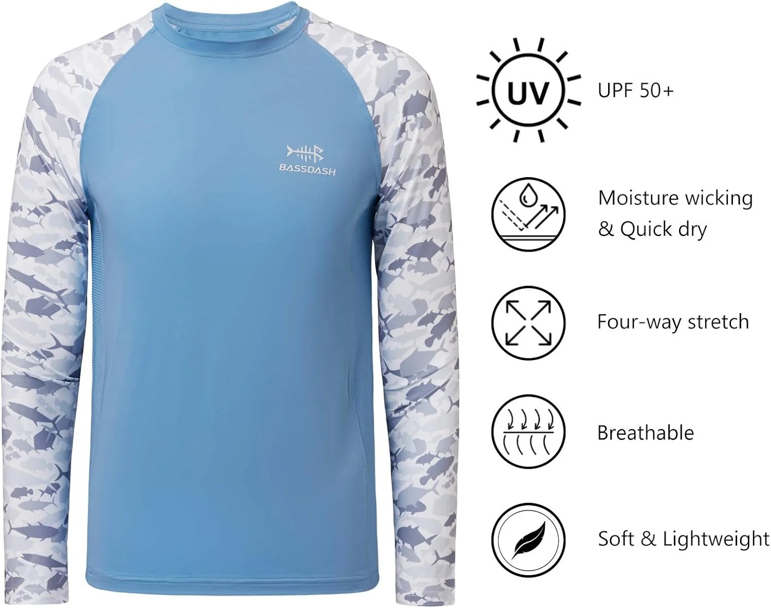 تی شرت آستین بلند استتاری ماهیگیری باسدش مدل Youth UPF50+ با محافظت UPF50+ در برابر اشعه UV و قابلیت خشک شدن سریع