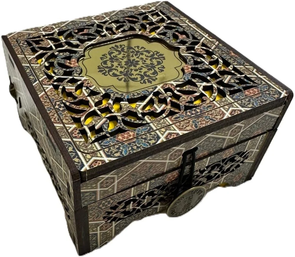 جعبه نگهداری چوبی تزئینی طرح دار، 15x15 سانتی متر - حکاکی های پیچیده، جواهرات، آجیل، زعفران، جعبه هدیه، تنقلات