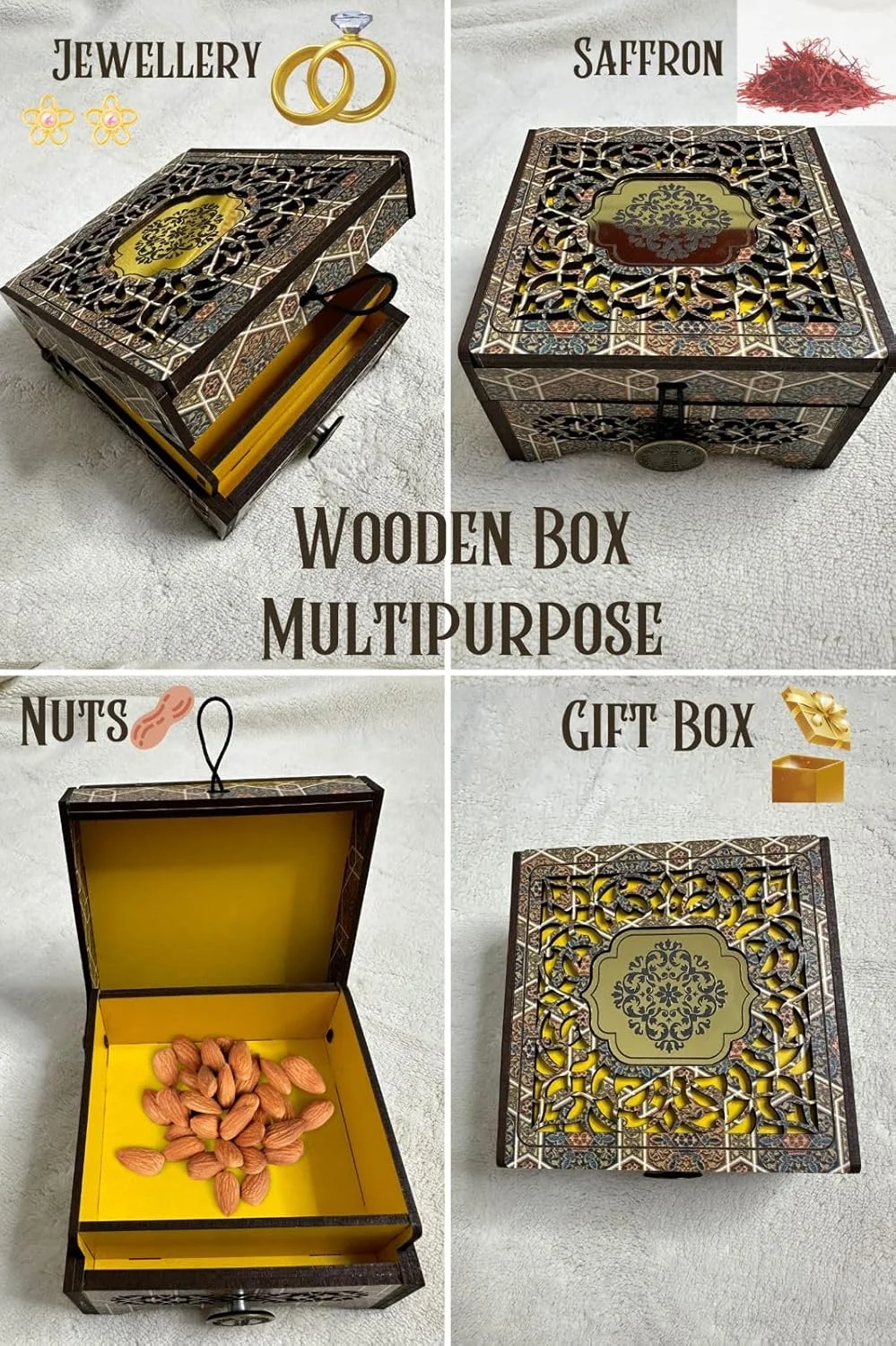 جعبه نگهداری چوبی تزئینی طرح دار، 15x15 سانتی متر - حکاکی های پیچیده، جواهرات، آجیل، زعفران، جعبه هدیه، تنقلات جعبه نگهداری چوبی تزئینی طرح دار، 15x15 سانتی متر - حکاکی های پیچیده، جواهرات، آجیل، زعفران، جعبه هدیه، تنقلات