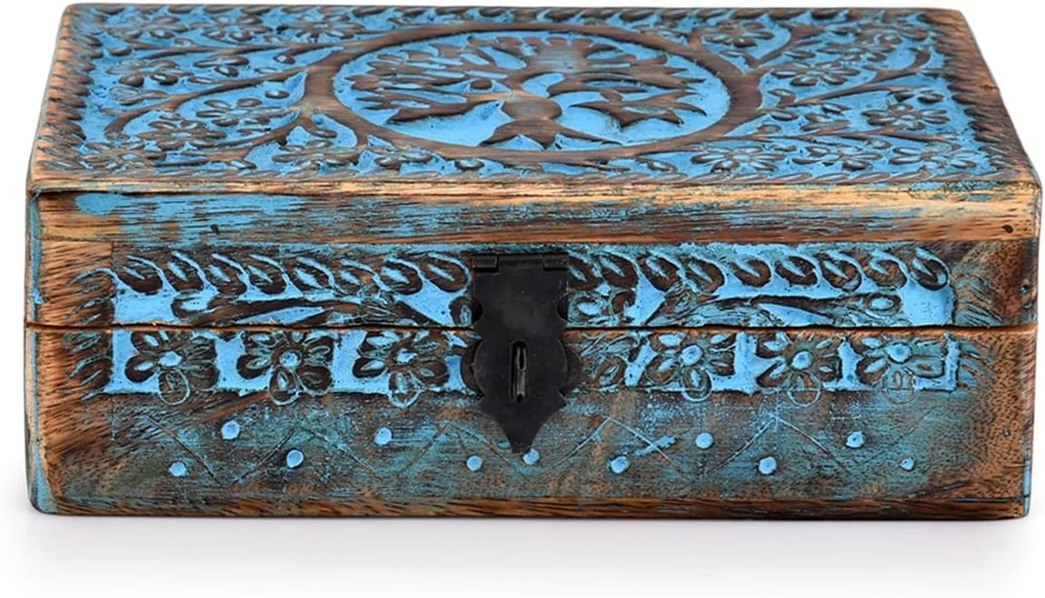 BHAVATU | جعبه جواهرات چوبی، جعبه تاروت، دکوراسیون منزل آسمانی، جعبه جادوگر، درخت زندگی، جعبه خرده ریز | اندازه - 8" x 5" x 2.5" | سطل ذخیره سازی تزئینی