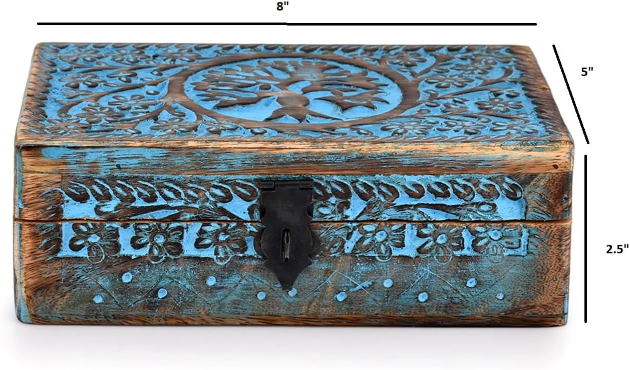 BHAVATU | جعبه جواهرات چوبی، جعبه تاروت، دکوراسیون منزل آسمانی، جعبه جادوگر، درخت زندگی، جعبه خرده ریز | اندازه - 8" x 5" x 2.5" | سطل ذخیره سازی تزئینی