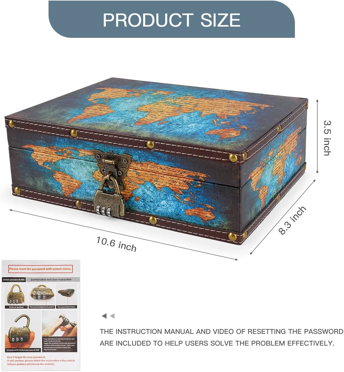 جعبه گنج چوبی قدیمی WANLIAN با روکش چرم PU، جعبه جواهرات قفلدار، 27 * 22 * 9.4 سانتیمتر، آبی، طرح نقشه، جعبه ذخیرهسازی جعبه گنج چوبی قدیمی WANLIAN با روکش چرم PU، جعبه جواهرات قفلدار، 27 * 22 * 9.4 سانتیمتر، آبی، طرح نقشه، جعبه ذخیرهسازی