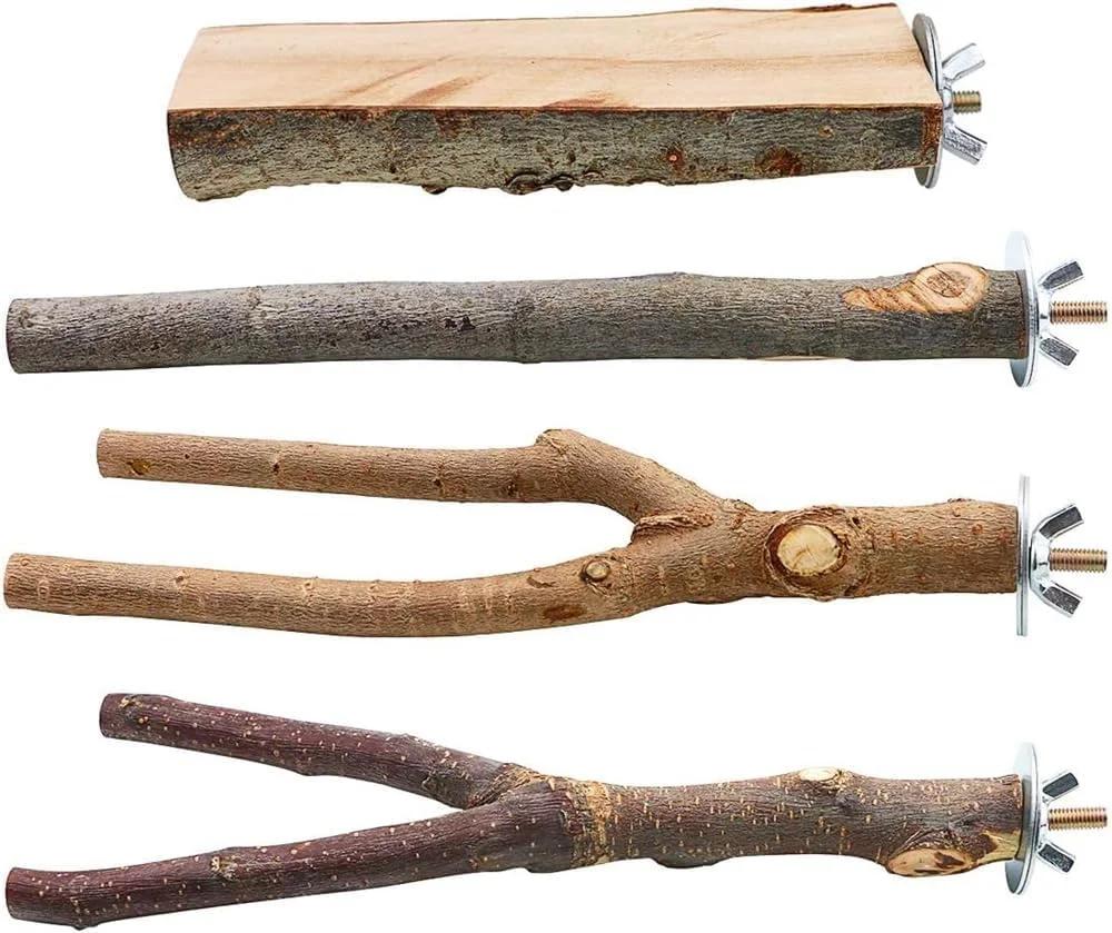 یارد هوبی 4 عدد چوب نشیمن پرنده چوبی طبیعی، نشیمنگاه چوبی طوطی، اسباب بازی های چنگالی ایستاده آویز چند شاخه سکوی نشیمنگاه تاب دار برای ماکائو، پاراکیت های کوچک، کانور، باجی، فنچ