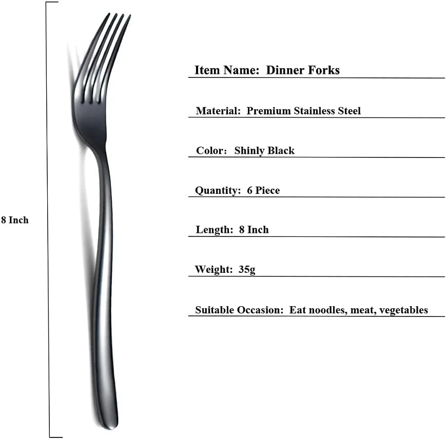 چنگال شام مشکی HOMQUEN، ست 6 عددی چنگال استیل ضد زنگ 8 اینچی، چنگال دسر، چنگال غذاخوری، چنگال سالاد برای خانه، آشپزخانه یا رستوران، قابل شستشو در ماشین ظرفشویی