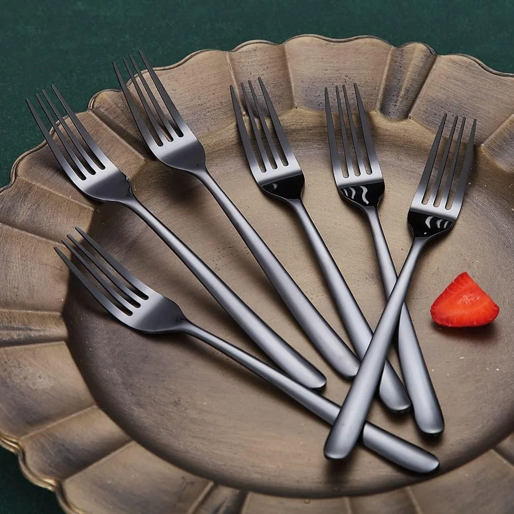 چنگال شام مشکی HOMQUEN، ست 6 عددی چنگال استیل ضد زنگ 8 اینچی، چنگال دسر، چنگال غذاخوری، چنگال سالاد برای خانه، آشپزخانه یا رستوران، قابل شستشو در ماشین ظرفشویی