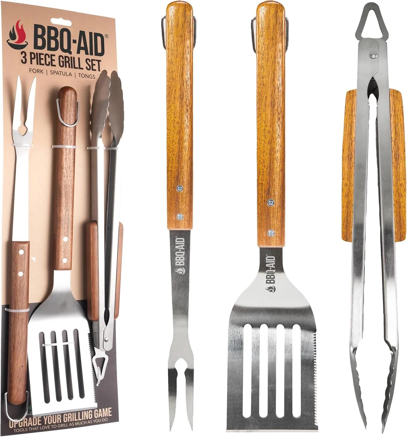 ست 3 تکه لوازم جانبی باربیکیو BBQ-AID - انبر، کفگیر و چنگال - لوازم جانبی و ابزار کباب پز استیل ضد زنگ سنگین با دسته های چوبی محکم، لوازم باربیکیو عالی