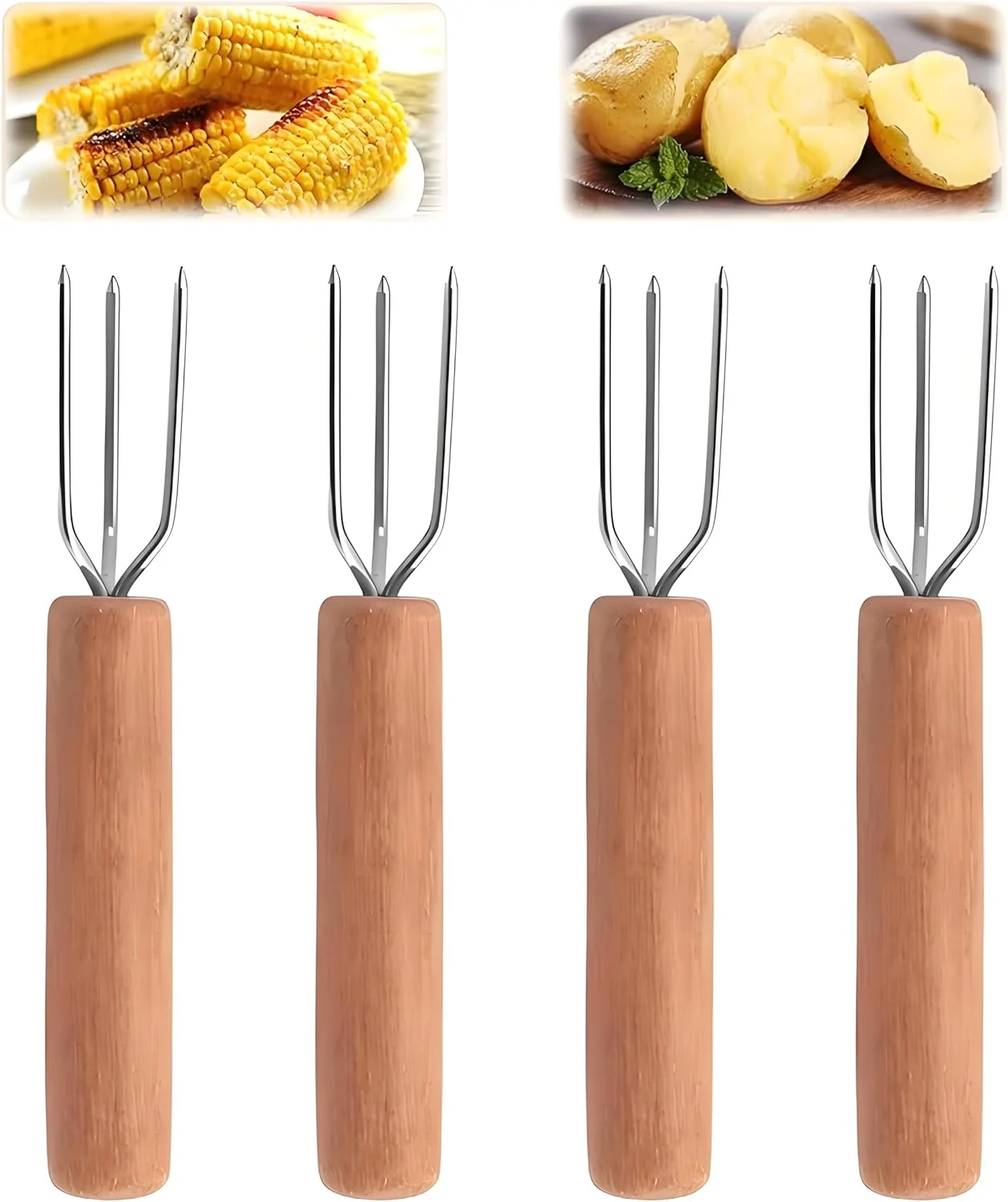 ست 4 عددی چنگال پرالین، چنگال سیب زمینی، چنگال سیب زمینی ساخته شده از استیل ضد زنگ، دسته چوب راش، سرو سالاد استیل، کارد و چنگال سیب زمینی صدفی