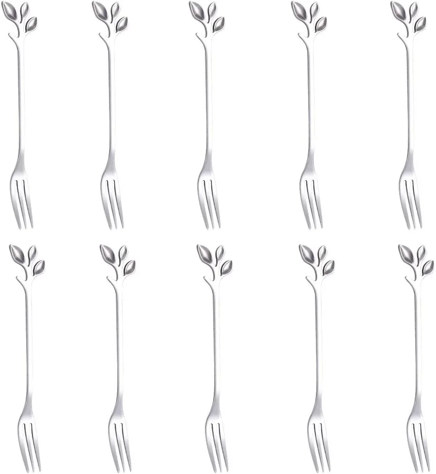 ست چنگال میوه، کیک و پیش غذا 10 عددی AnSaw، استیل ضد زنگ، طرح برگ نقره ای، 12 سانتی متر، مناسب مهمانی و عروسی (نقره ای - 10 چنگال)