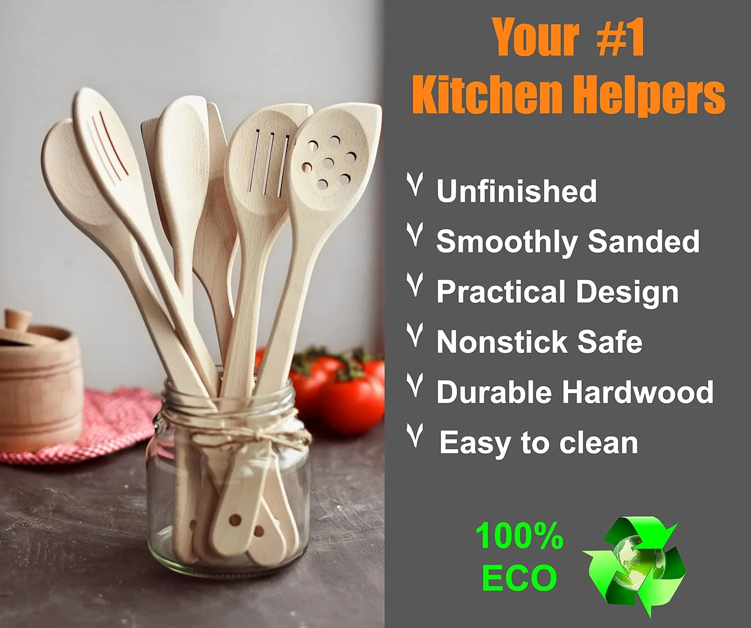 ست ظروف آشپزی سالم ECOSALL - 6 قاشق چوبی - کفگیر و قاشق چوبی سخت نچسب طبیعی - بدون پوشش و چسب - ابزار آشپزی بادوام، سازگار با محیط زیست و ایمن ست ظروف آشپزی سالم ECOSALL - 6 قاشق چوبی - کفگیر و قاشق چوبی سخت نچسب طبیعی - بدون پوشش و چسب - ابزار آشپزی بادوام، سازگار با محیط زیست و ایمن