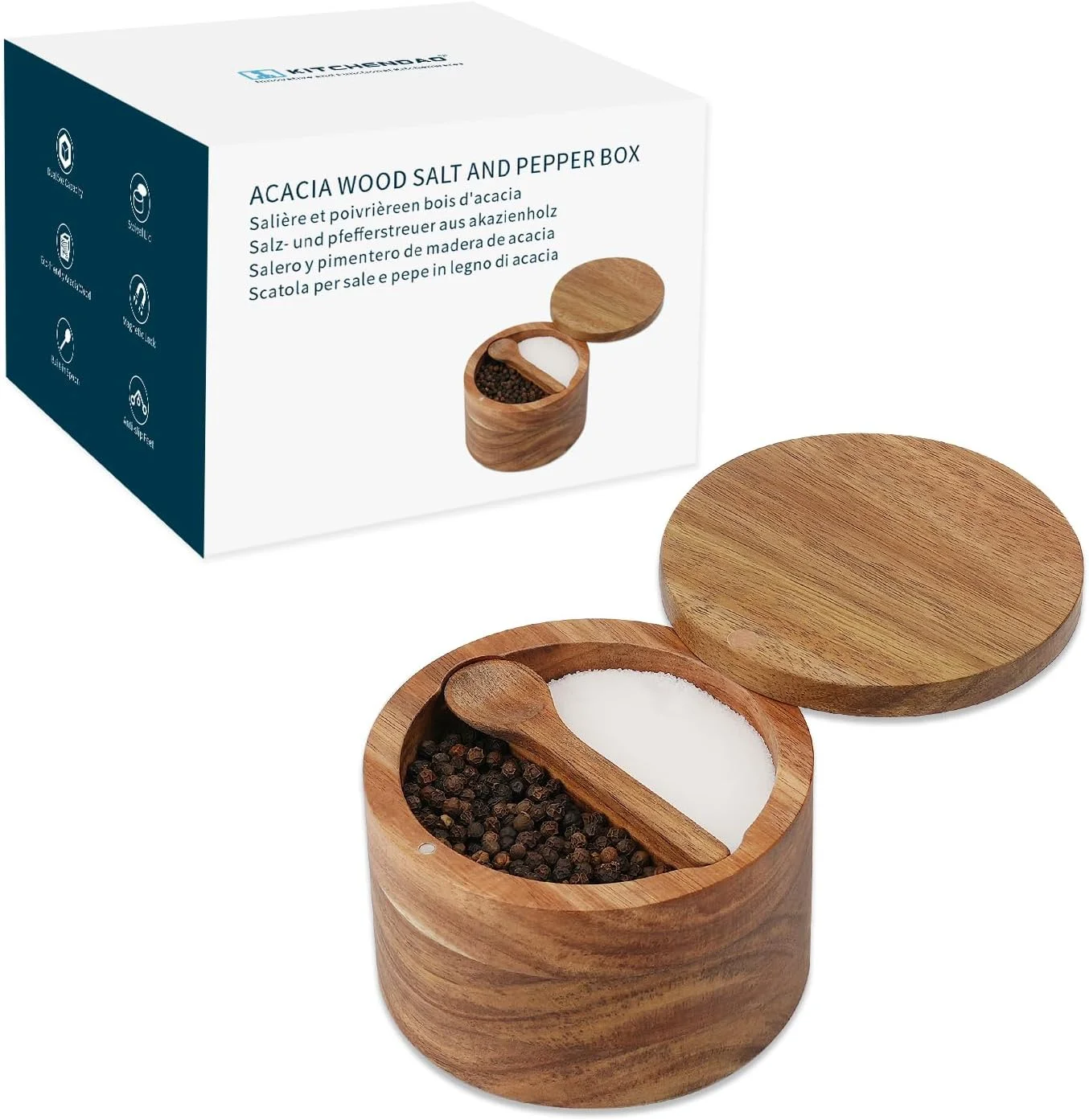 ظرف نمک و فلفل چوبی آکاسیا KITCHENDAO با قاشق، دو محفظه ای، نگهدارنده ادویه، ظرف نمک دریایی، قاشق داخلی، درب چرخان مغناطیسی، ظرفیت دوگانه 5 اونس