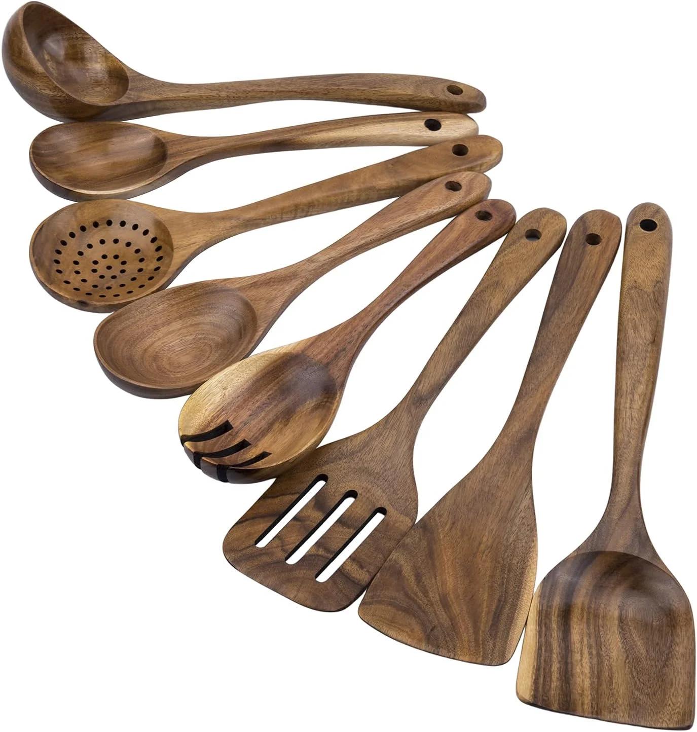 ست ظروف آشپزی چوبی WOODME، 8 تکه، چوب ساج، مناسب برای ظروف نچسب، شامل قاشق و کفگیر چوبی، مناسب برای استفاده روزمره در خانه و ابزارهای آشپزخانه