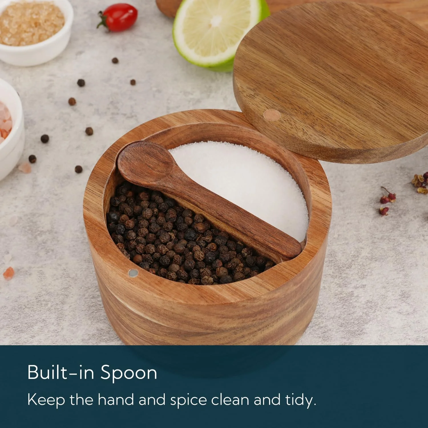 ظرف نمک و فلفل چوبی آکاسیا KITCHENDAO با قاشق، دو محفظه ای، نگهدارنده ادویه، ظرف نمک دریایی، قاشق داخلی، درب چرخان مغناطیسی، ظرفیت دوگانه 5 اونس ظرف نمک و فلفل چوبی آکاسیا KITCHENDAO با قاشق، دو محفظه ای، نگهدارنده ادویه، ظرف نمک دریایی، قاشق داخلی، درب چرخان مغناطیسی، ظرفیت دوگانه 5 اونس
