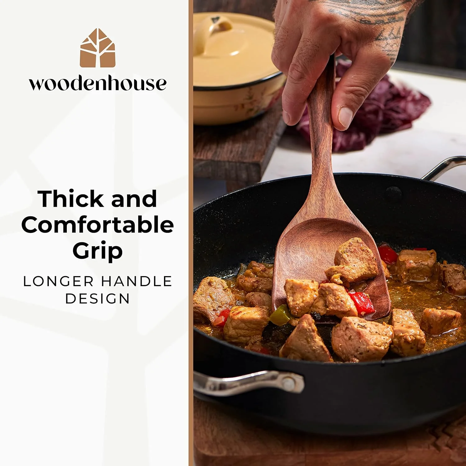 WOODENHOUSE قاشق های چوبی با کیفیت مادام العمر برای پخت و پز - مجموعه ظروف آشپزی چوبی با نگهدارنده، زیر قاشقی و قلاب، ظروف آشپزی نچسب چوب ساج - مجموعه بادوام 12 تکه