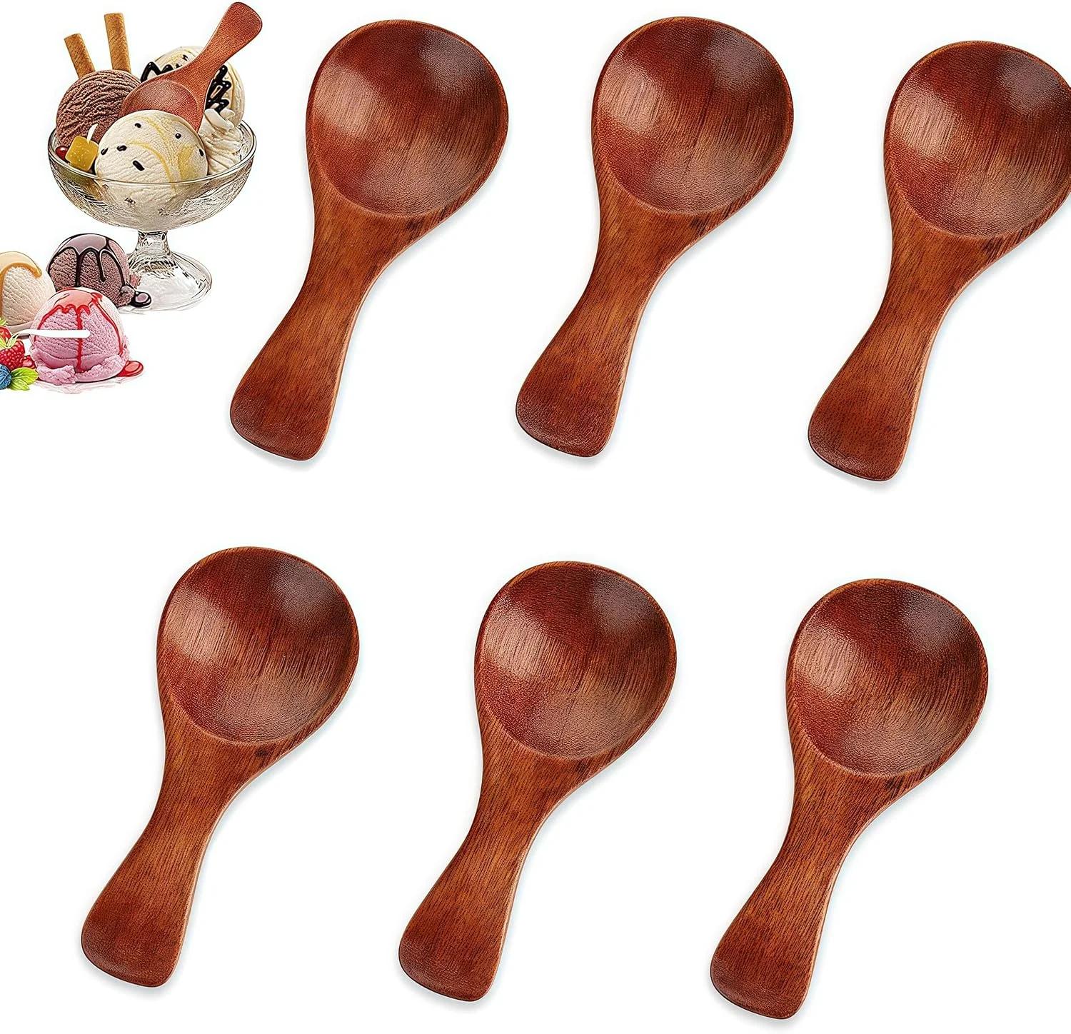قاشق چوبی کوچک، 6 عدد قاشق عسل چوبی کوچک، قاشق چوبی دهان گشاد دسته کوتاه برای چای، بستنی، برگ چای، مربا، قاشق شکر اسپرسو قهوه ای