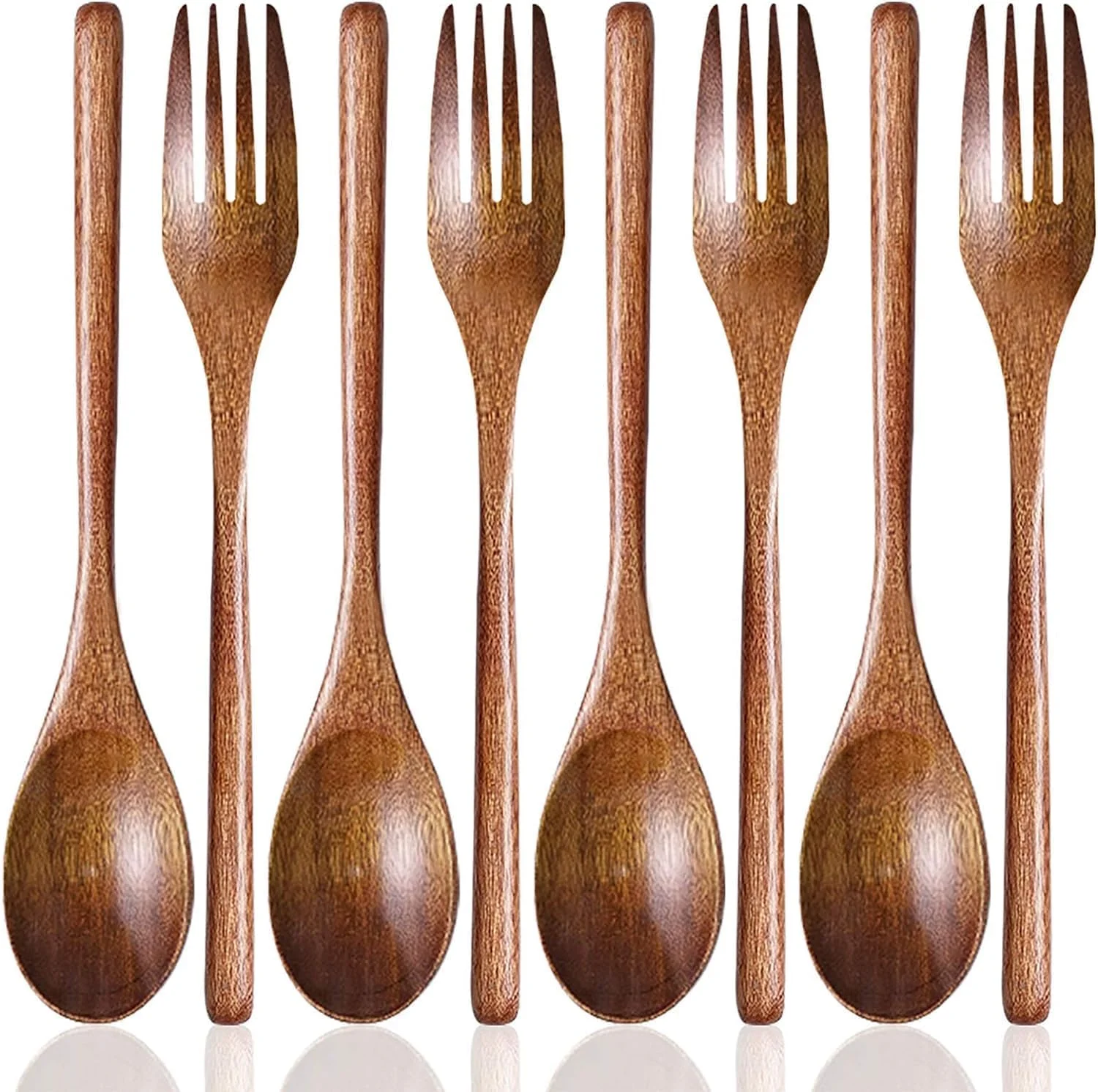 ست عمومی 8 عددی قاشق و چنگال چوبی سوپ، ست قاشق و چنگال چوبی ملاقه ای برای مهمانی، ضیافت، بوفه، پذیرایی، زندگی روزمره - 9 اینچ
