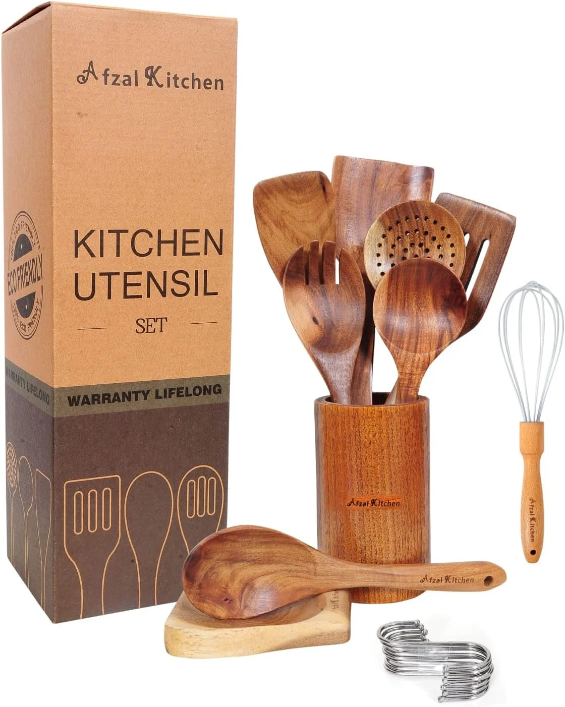 ست قاشق چوبی آشپزی AFZAL KITCHEN، 10 تکه + 7 قلاب. ست کفگیر چوبی برای آشپزی، ساخته شده از چوب ساج طبیعی به همراه تخم مرغ له کن...