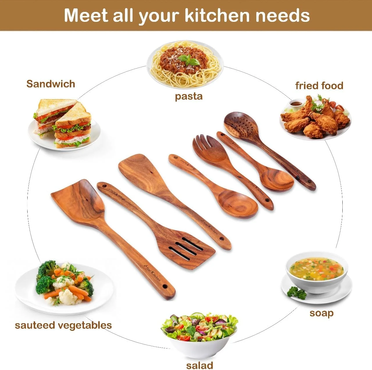 ست قاشق چوبی آشپزی AFZAL KITCHEN، 10 تکه + 7 قلاب. ست کفگیر چوبی برای آشپزی، ساخته شده از چوب ساج طبیعی به همراه تخم مرغ له کن...