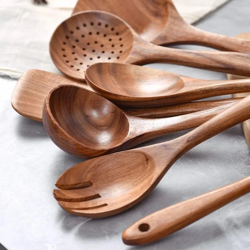 ست قاشق چوبی آشپزی AFZAL KITCHEN، 10 تکه + 7 قلاب. ست کفگیر چوبی برای آشپزی، ساخته شده از چوب ساج طبیعی به همراه تخم مرغ له کن...