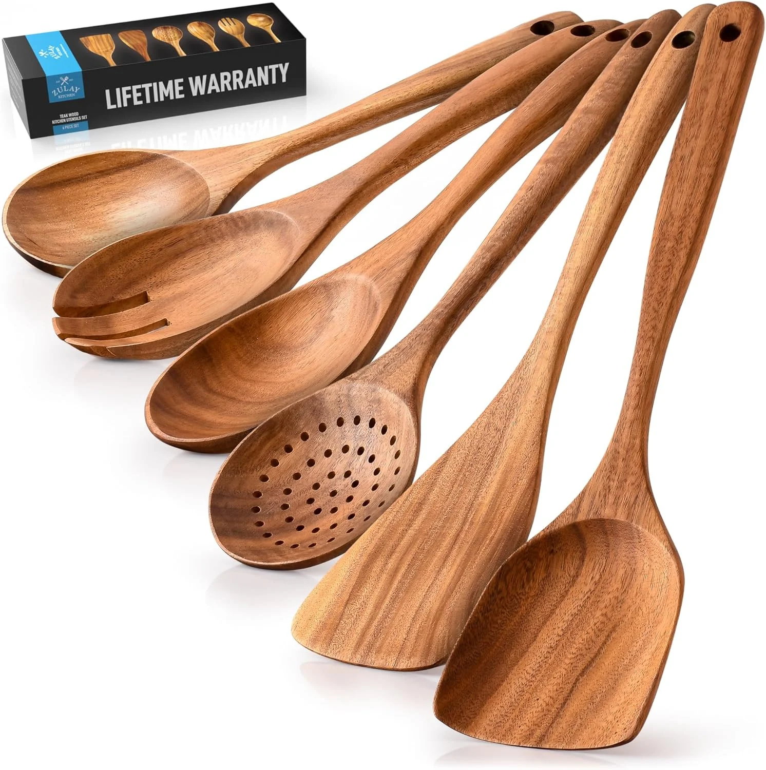 ست 6 عددی قاشق چوبی آشپزی Zulay Kitchen - ظروف چوبی چوب ساج با پرداخت صاف برای آشپزی - قاشق های چوبی با دسته نرم و راحت برای آشپزی - ظروف آشپزی چوبی نچسب - ست قاشق چوبی